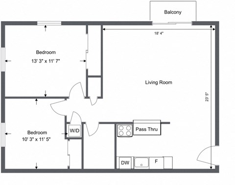 Floor plan for 2 beds, 1 bath, 880 sqft